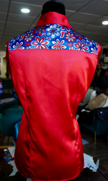 L - Patriotic Floral on Red Satin Button Down