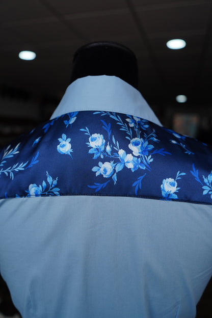 S - Navy & Blue Floral on Baby Blue Cotton Button Down