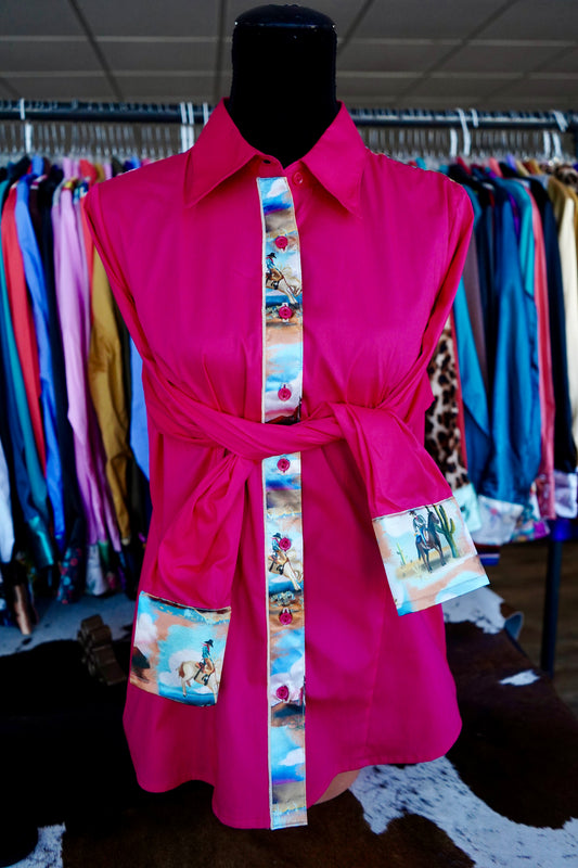 XL - Painted Cowboys on Hot Pink Cotton Button Down