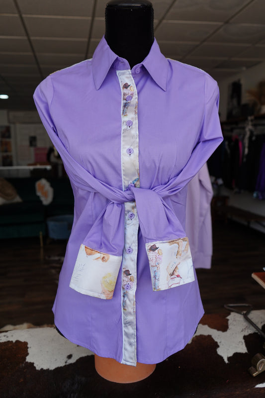 M - Raisin’ Cow Kids on Lavender Cotton Button Down