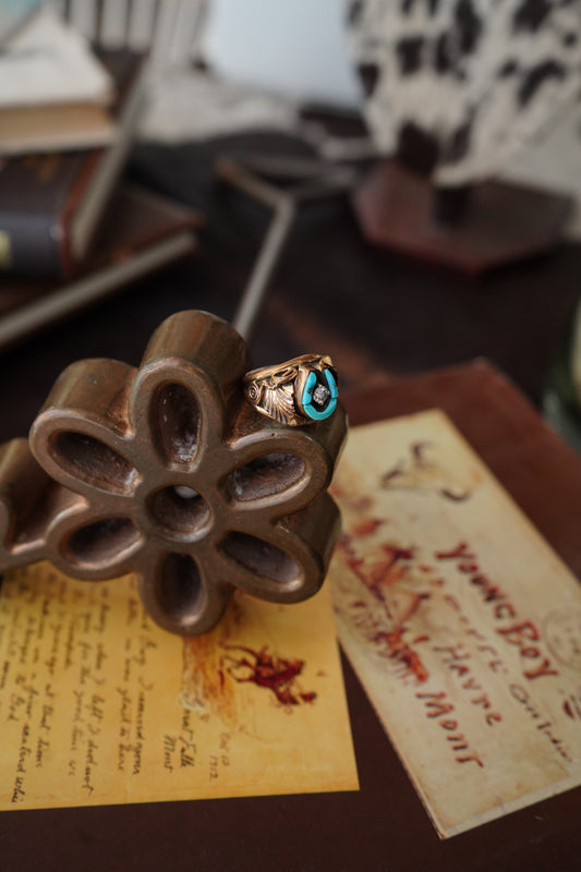 Vintage Gold & Turquoise w/ CZ Horseshoe Ring - Sz 8.5