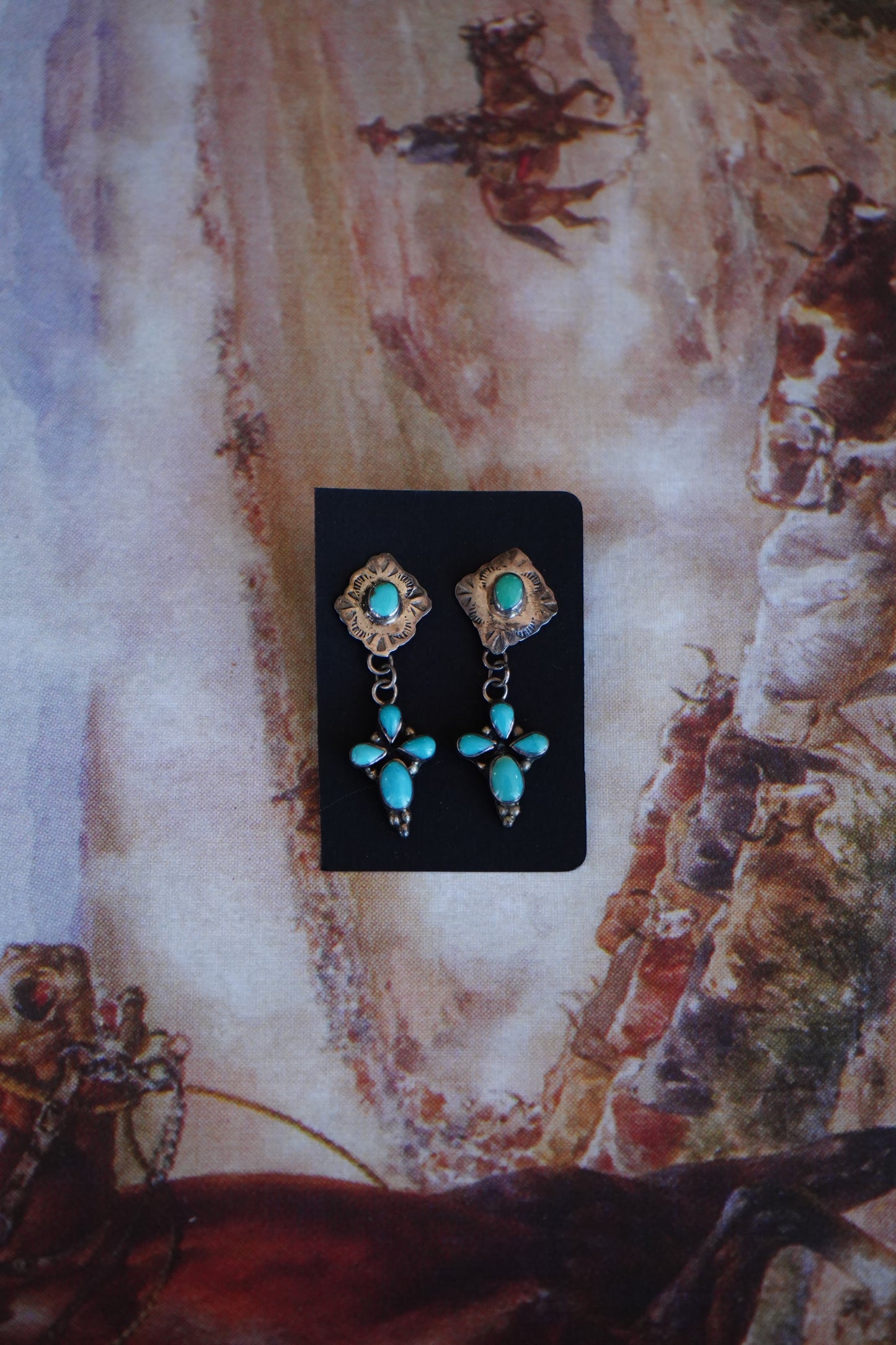 Vintage Stamped w/ Dangly Turquoise Crosses Stud Earrings