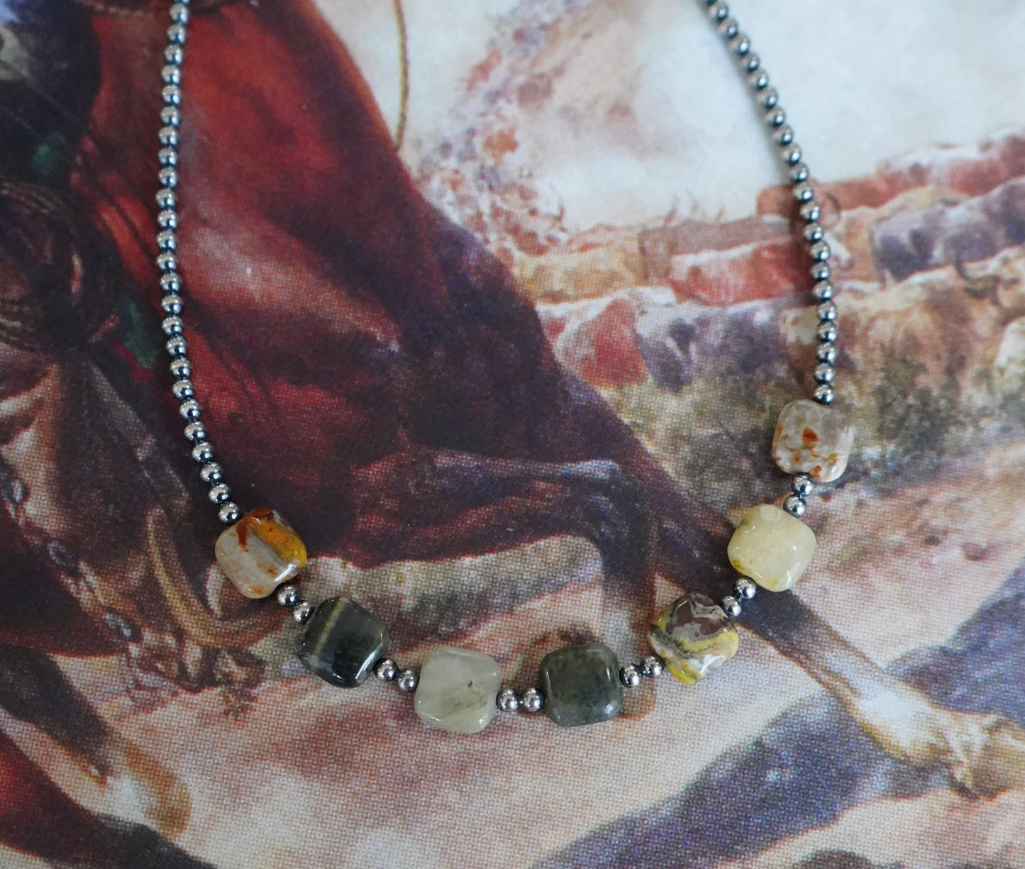 Sterling Silver Pearls w/ Bumbkebee Jasper Square Stones Necklace - 14”