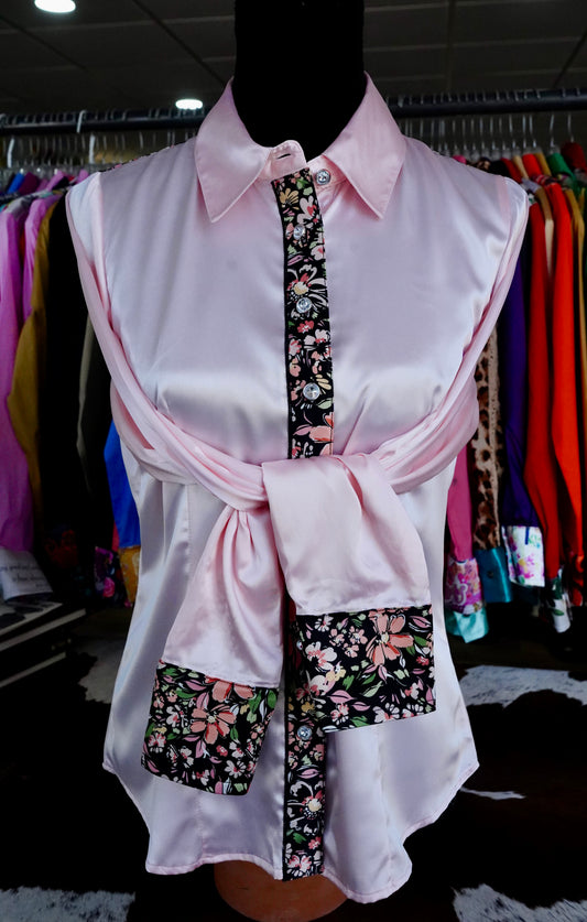L - Black Spring Floral on Light Pink Satin Button Down