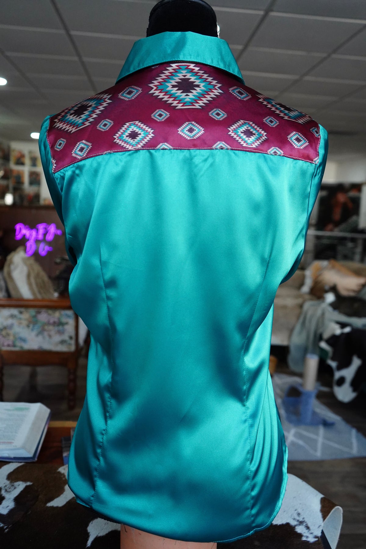 L - Maroon Aztec on Emerald Satin Button Down