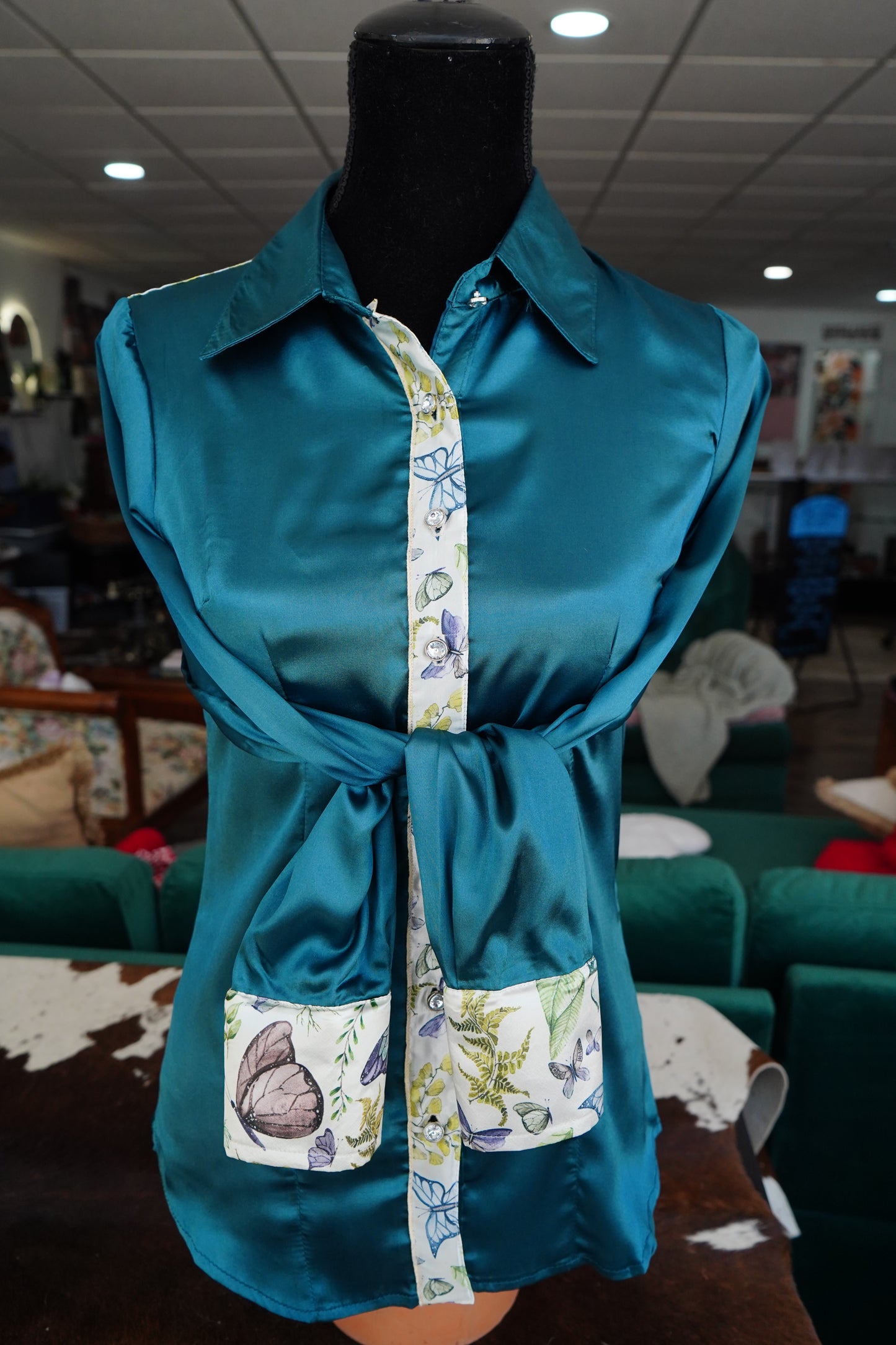 S - Butterflies & Leaves on Teal Satin Button Down