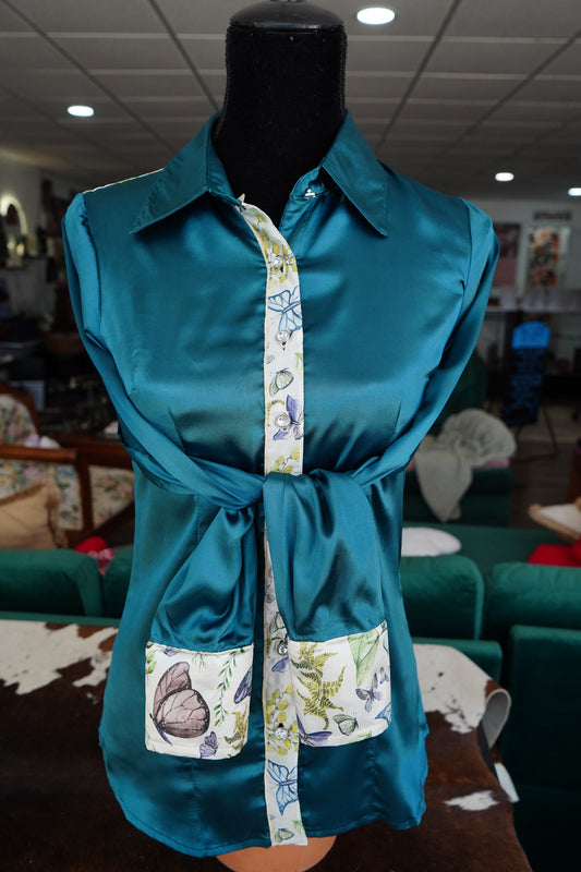 S - Butterflies & Leaves on Teal Satin Button Down
