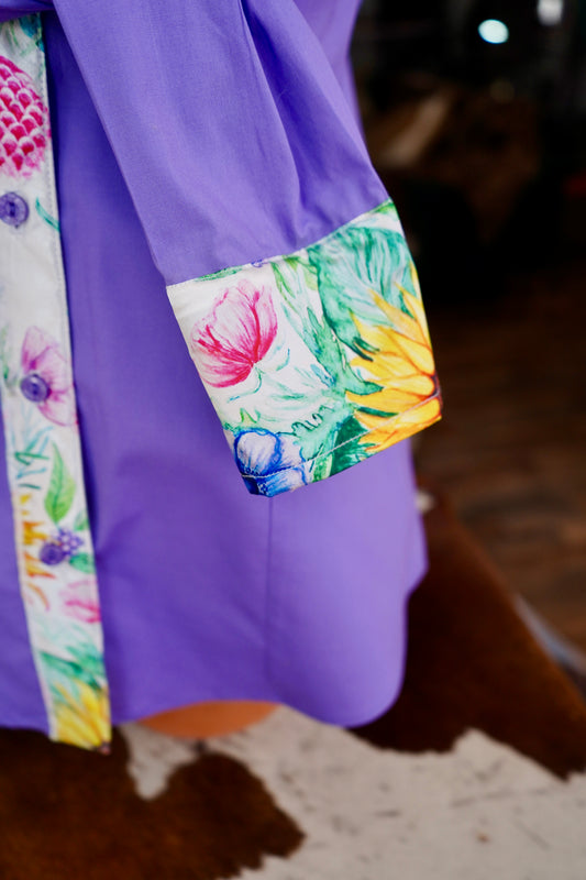 XL - Sunflowers & Wildflowers on Lavender Cotton Button Down