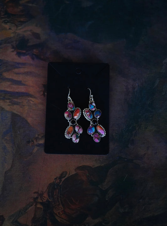 Pink Dahlia & Black Onyx Mis-Match Fish Hook Earrings