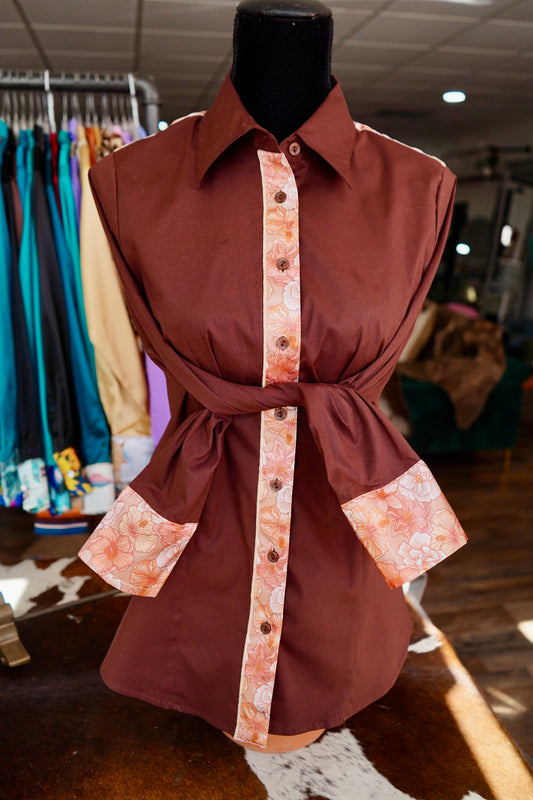 XL - Pastel Hibiscus on Brown Cotton Button Down