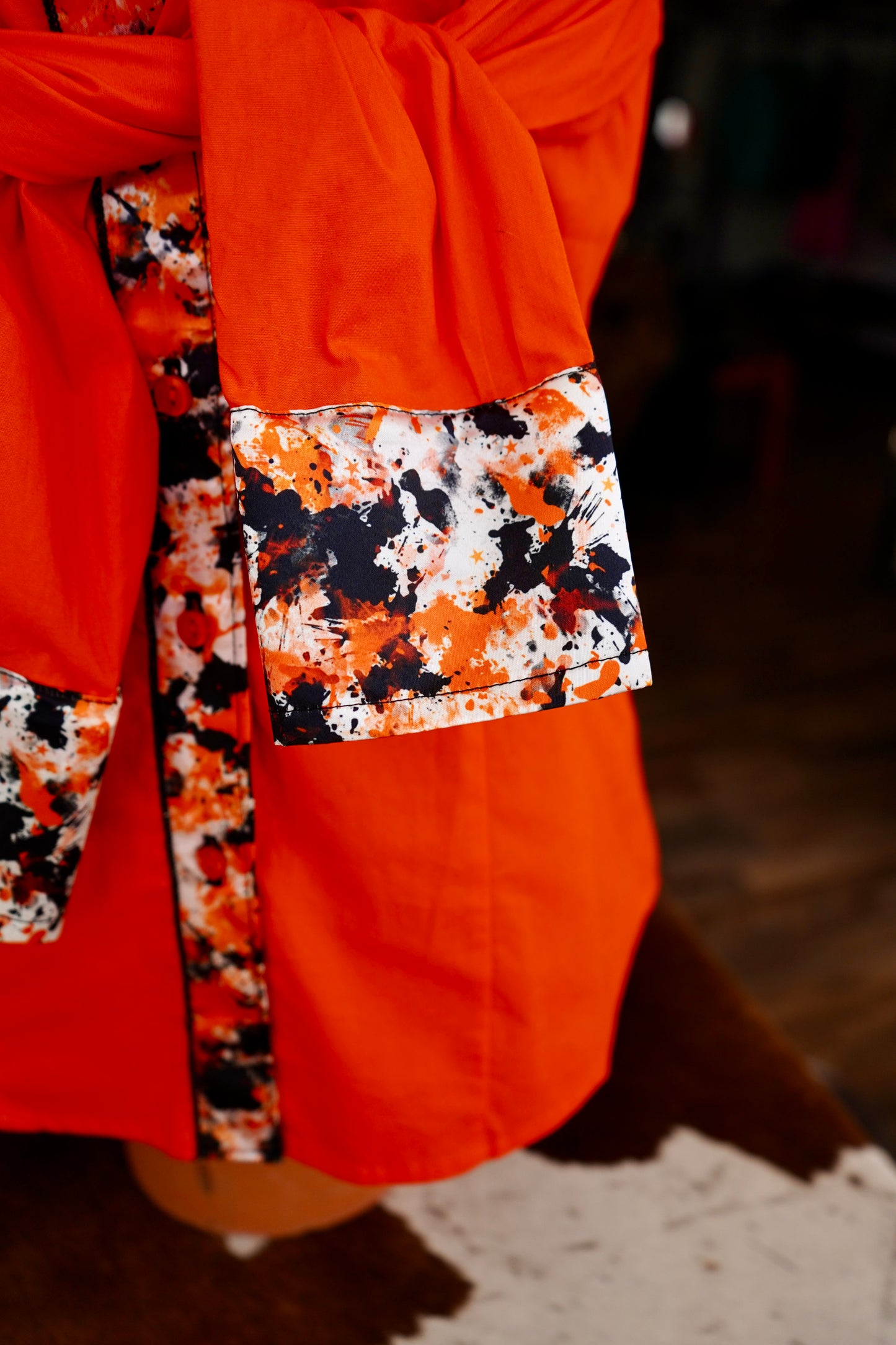 L - Pokes Paint Splatter on Orange Cotton Button Down