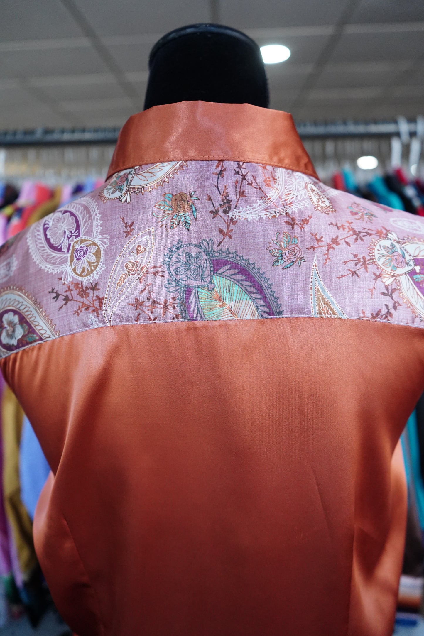 L - Mauve Boho Paisley on Rust Satin Button Down