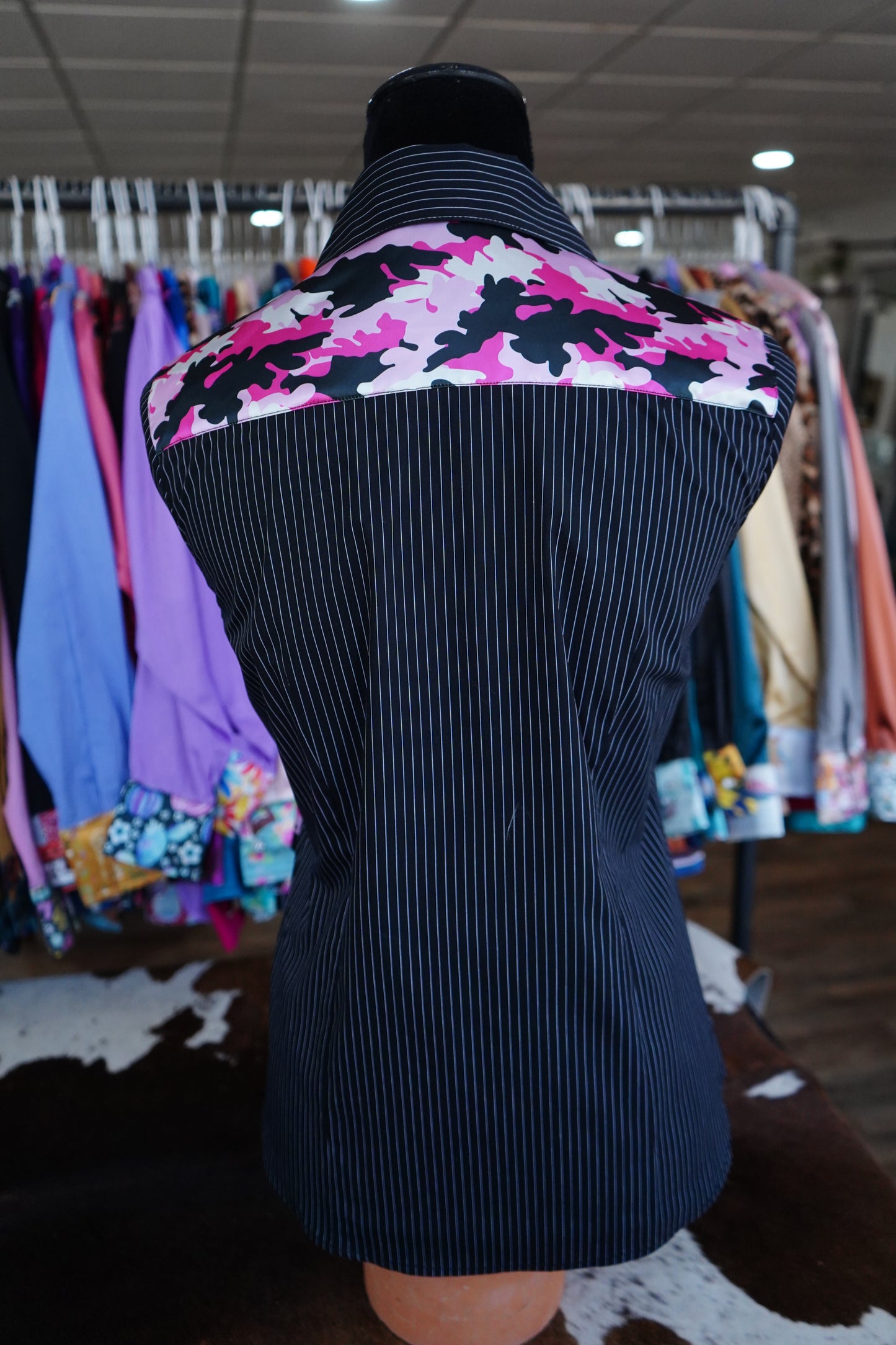 M - Pink Camo on B/W Stripe Cotton Button Down