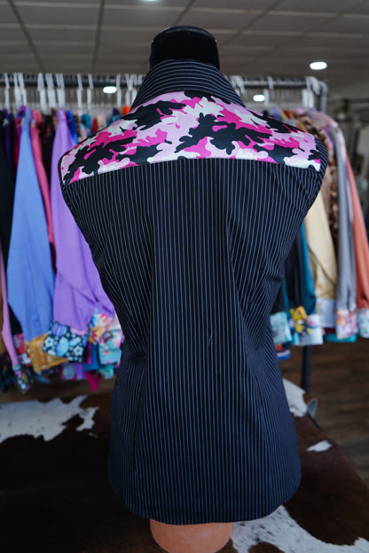 M - Pink Camo on B/W Stripe Cotton Button Down