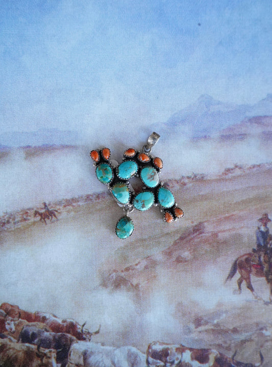 Turquoise & Apple Coral Cactus Pendant