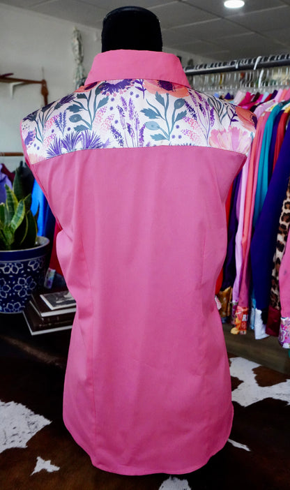 XL - Plum & Coral Floral on Hot Coral Button Down