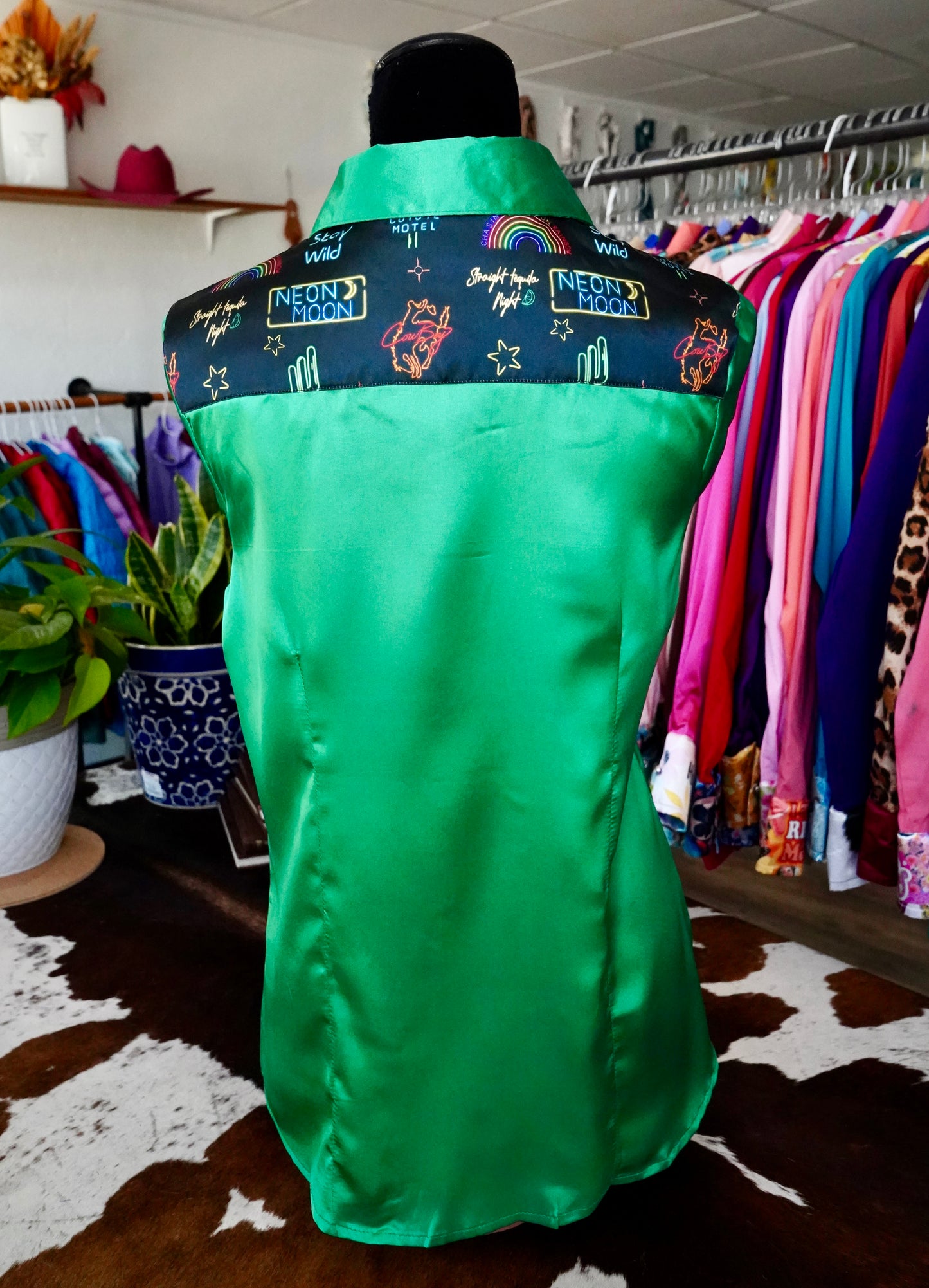 L - Neon Moon on Kelly Green Satin Button Down