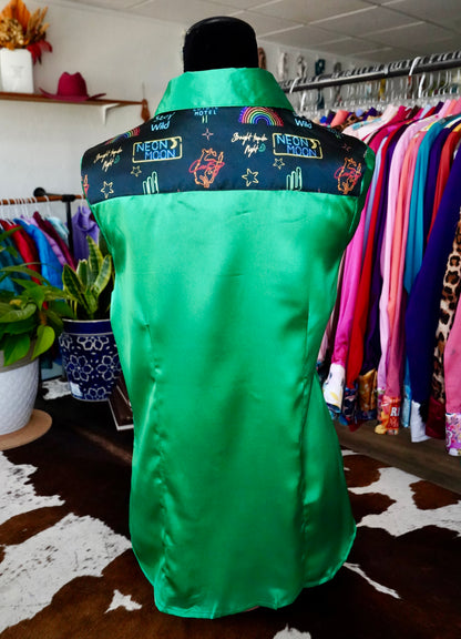 L - Neon Moon on Kelly Green Satin Button Down