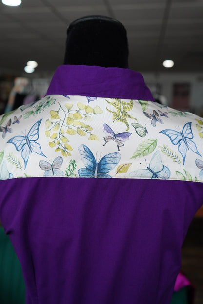M - Butterflies & Leaves on Purple Cotton Button Down