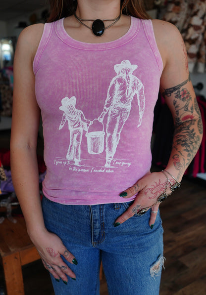 Grew Up - Candy Pink Washed Ribbed Scoop Neck Tank Top