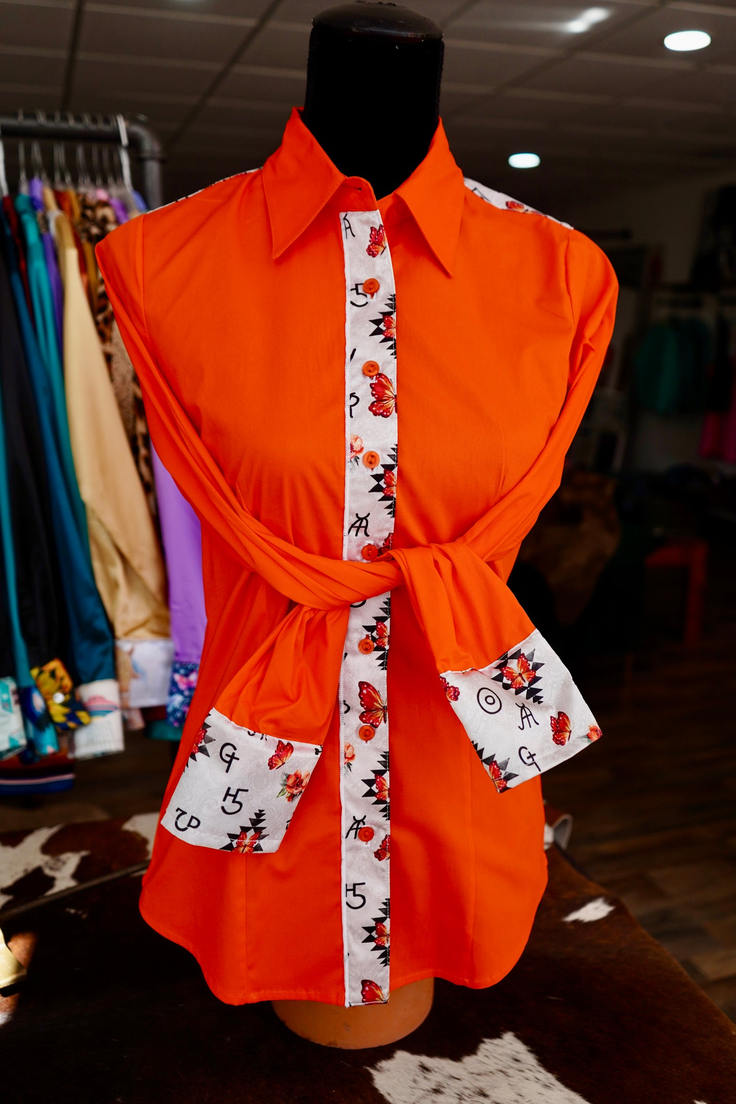 M - Orange Branded Butterflies on Orange Cotton Button Down