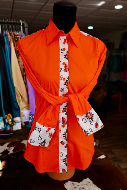 M - Orange Branded Butterflies on Orange Cotton Button Down