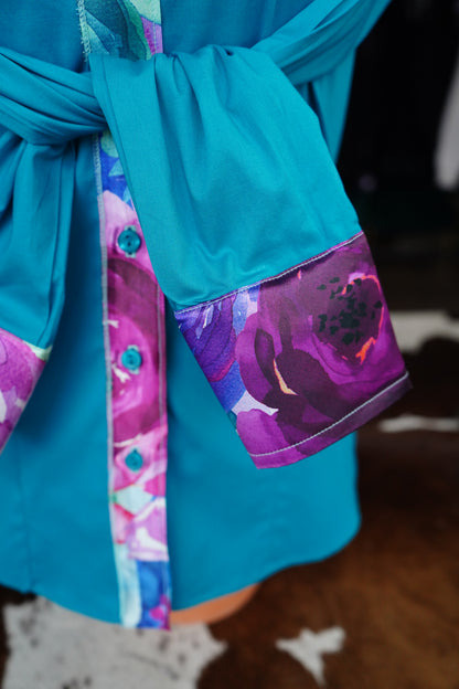 S - Watercolor Floral on Teal Cotton Button Down