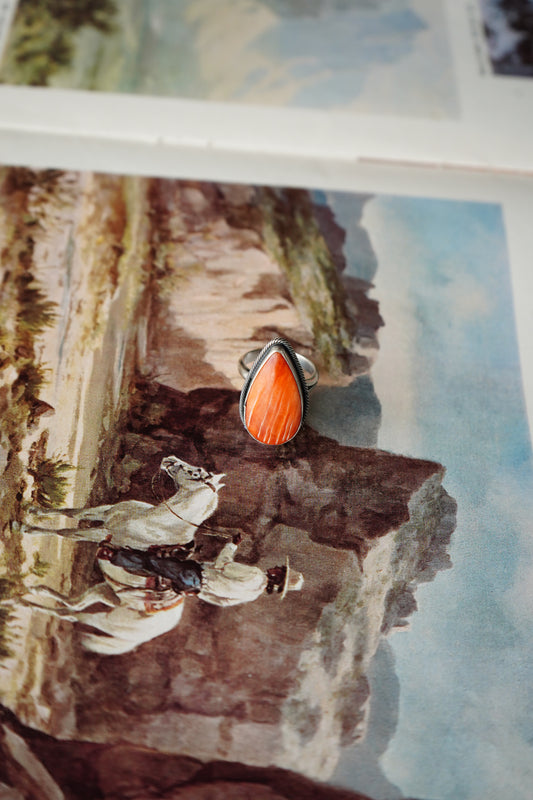 Scott Skeets Orange Spiny Teardrop Ring - Adj