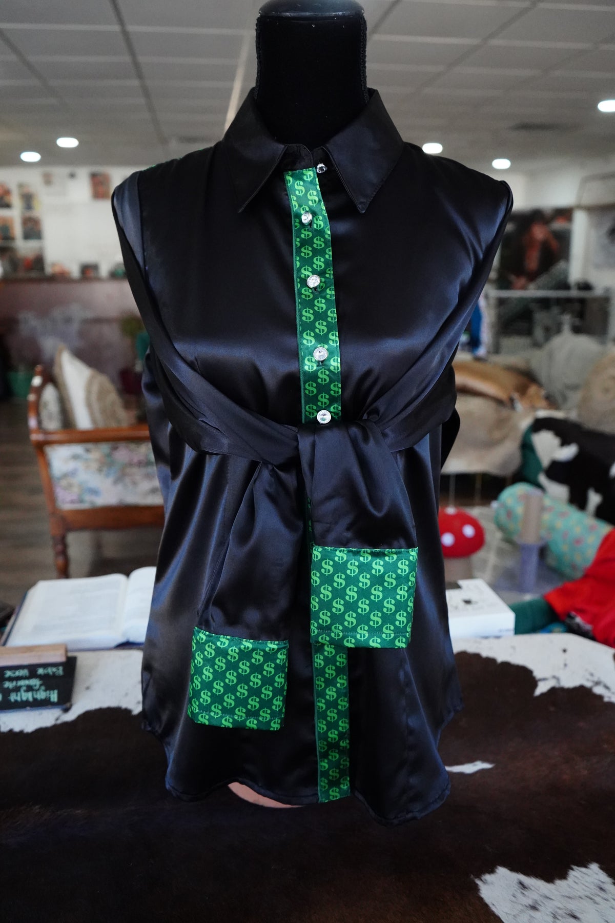 L - Money Signs on Black Satin Button Down