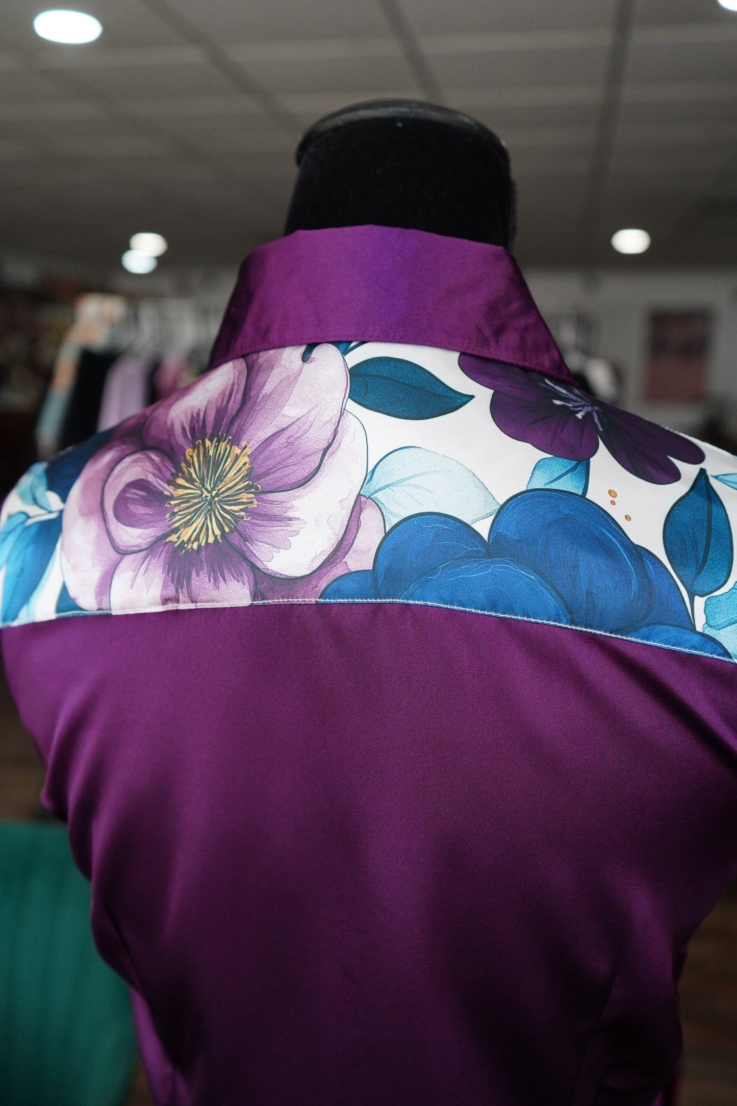 M - Purple & Teal Floral on Purple Satin Button Down