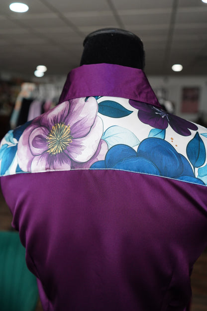 M - Purple & Teal Floral on Purple Satin Button Down