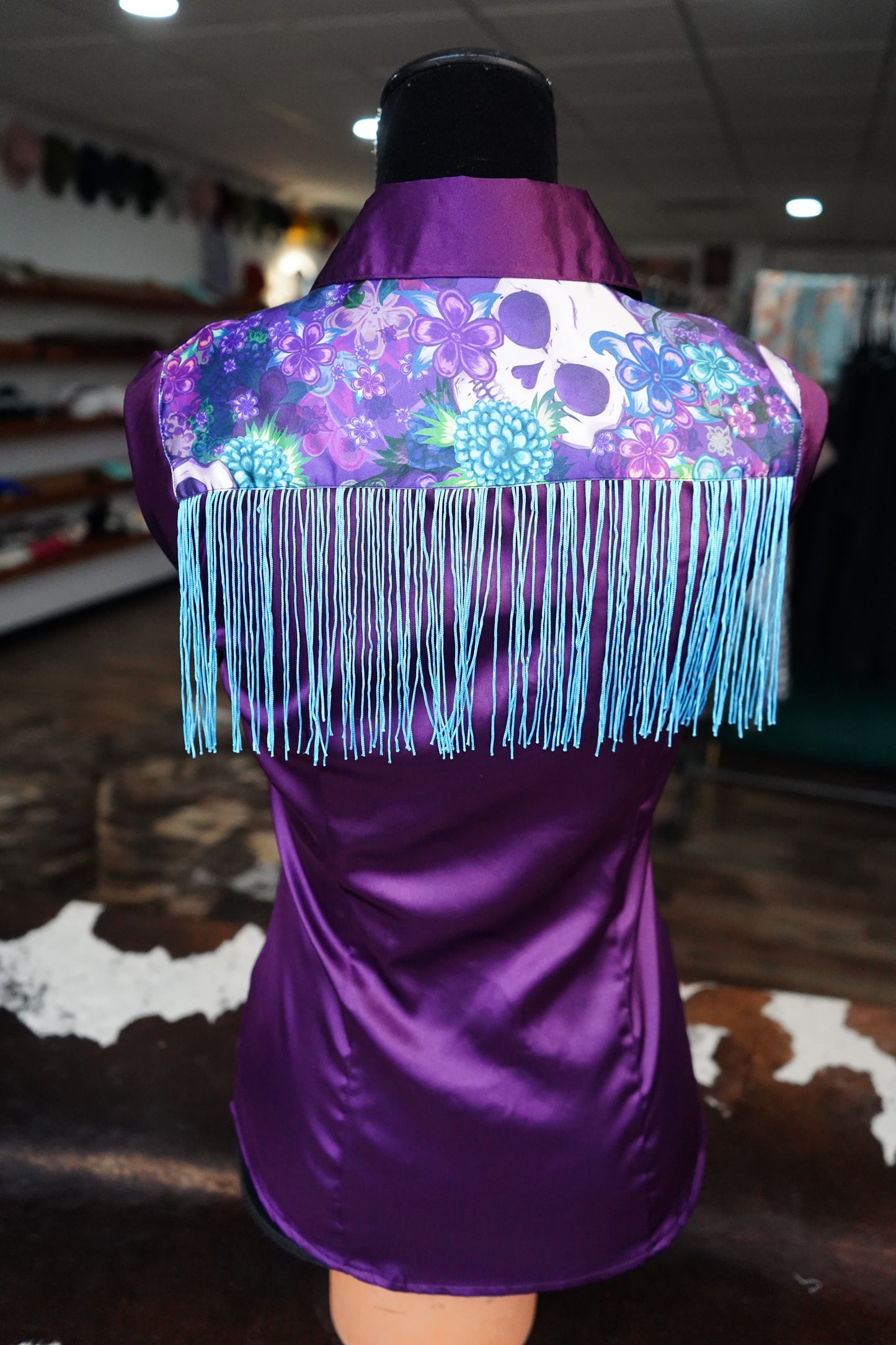 S - Purple Floral Skulls on Purple Satin w/ Fringe Button Down