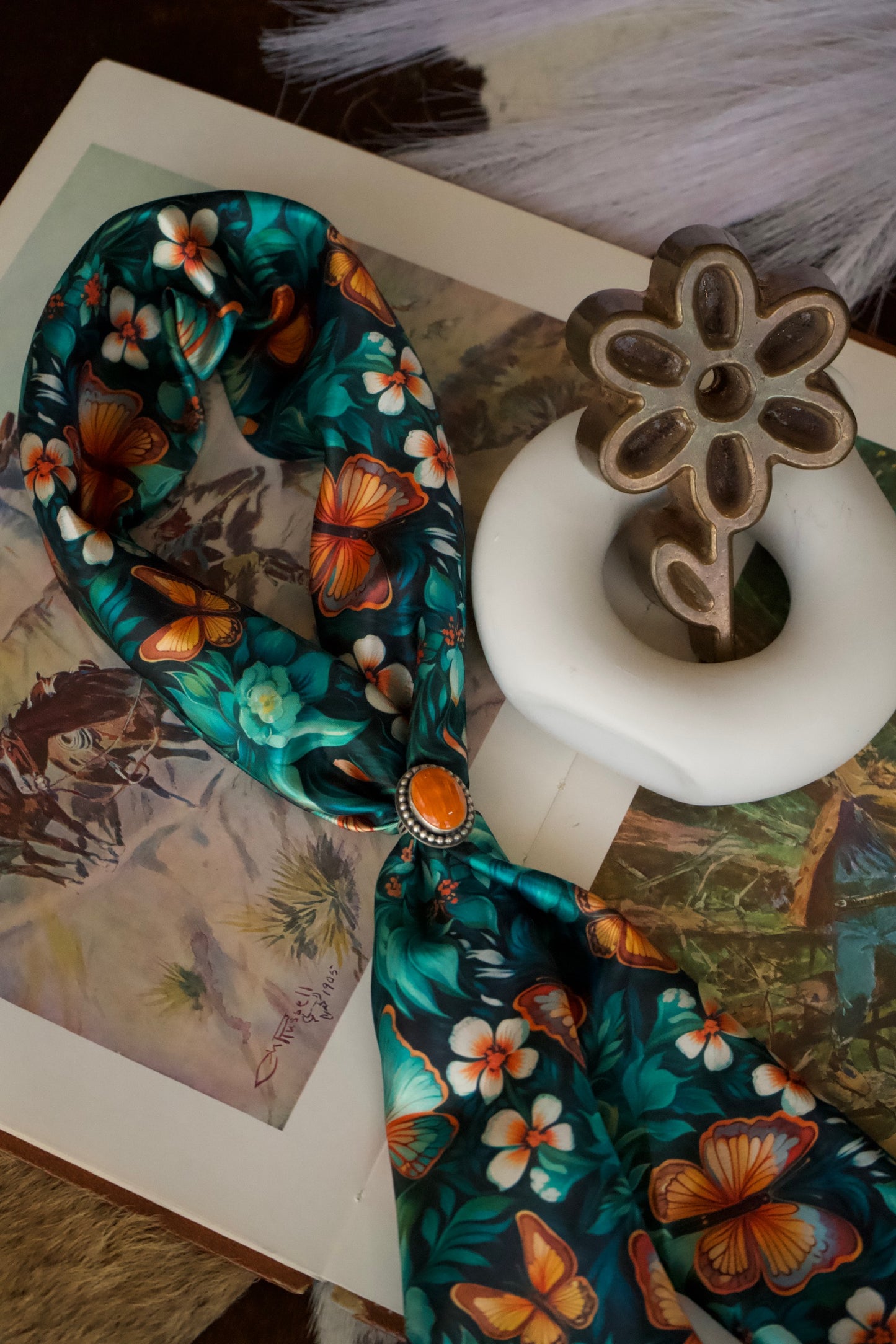 Teal & Orange Butterfly Floral Wild Rag