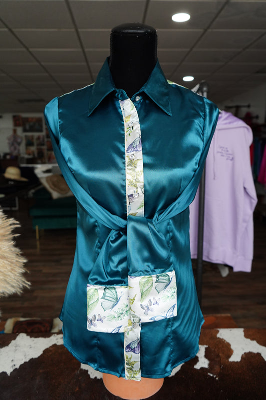 S - Butterflies & Leaves on Teal Button Down