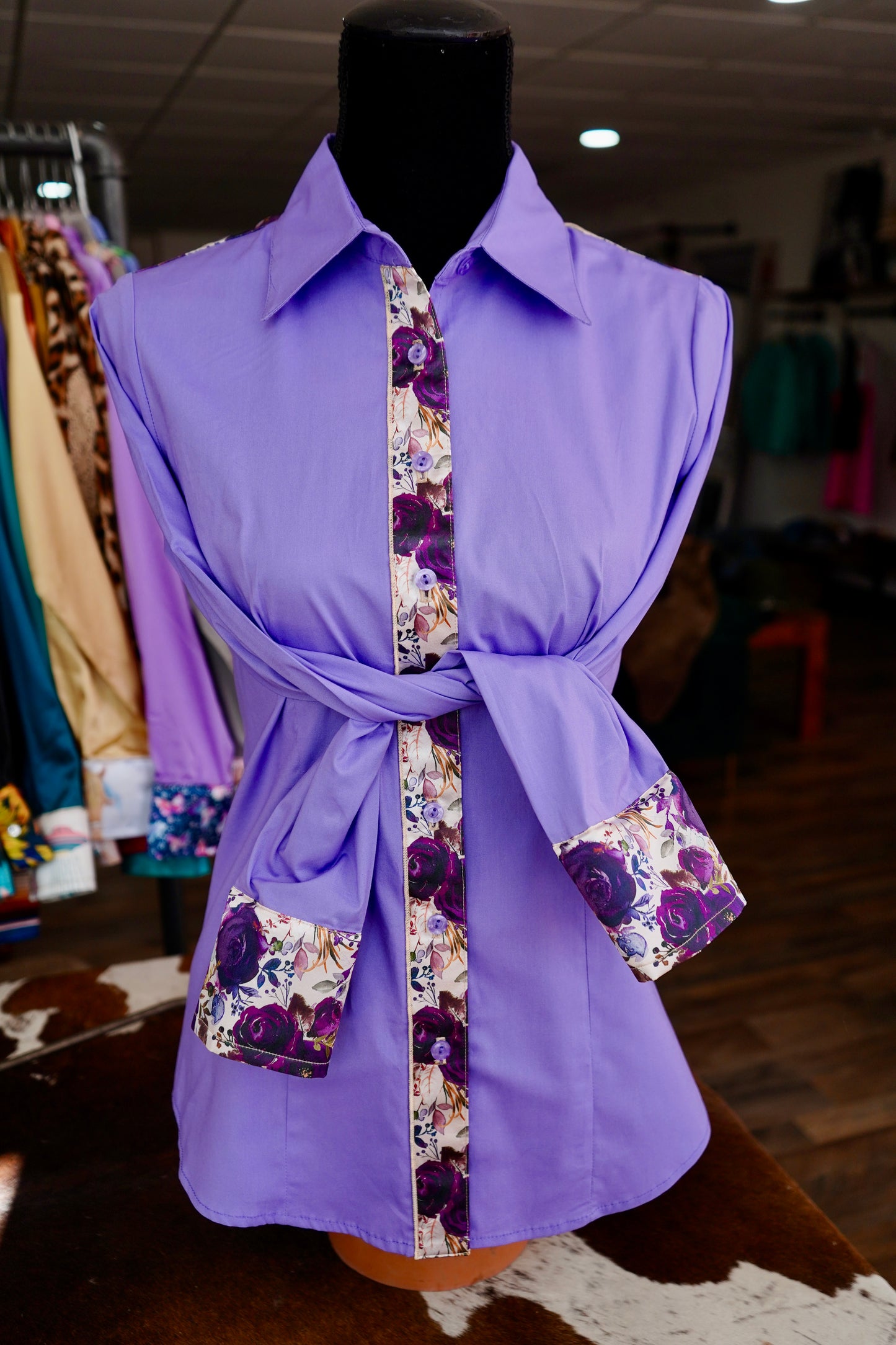 M - Plum Roses on Lavender Cotton Button Down