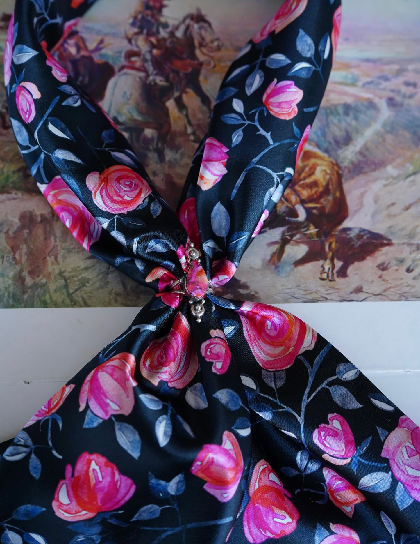 Pink Roses on Black Wild Rag