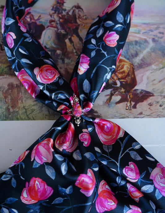 Pink Roses on Black Wild Rag