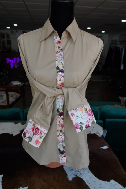 PRELOVED - L - Pink Autumn Floral on Tan Cotton Pearl Snap