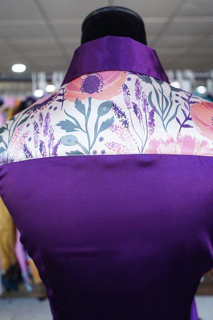 S - Plum & Coral Floral on Purple Satin Button Down