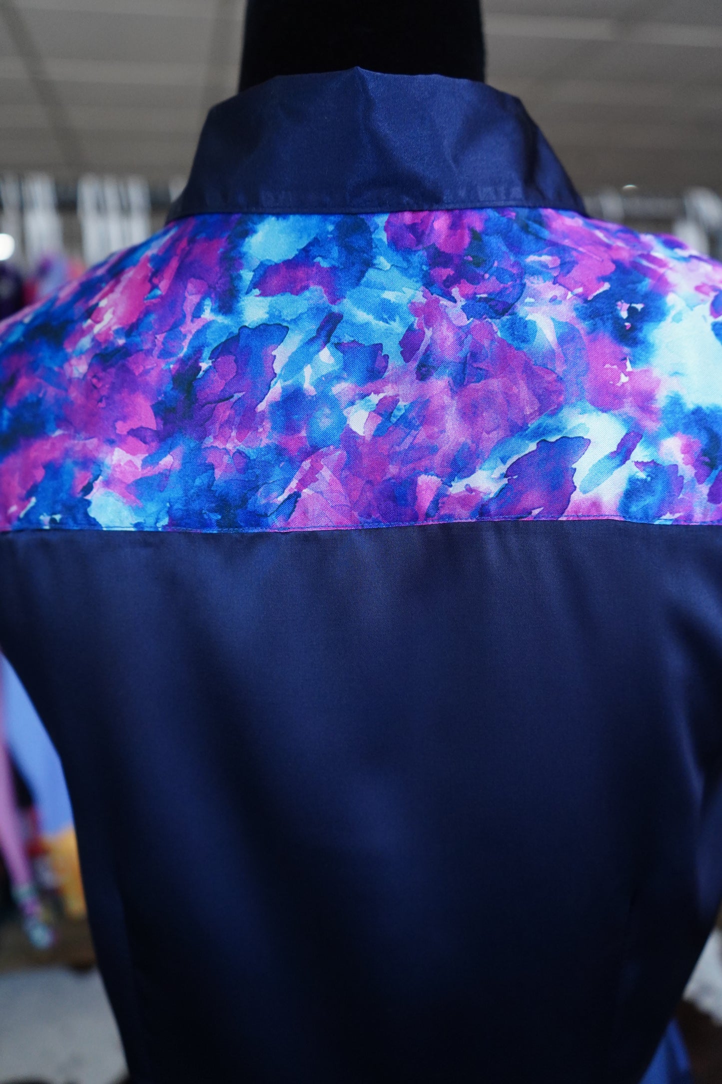 M - Pink & Blue Watercolor on Navy Satin Button Down