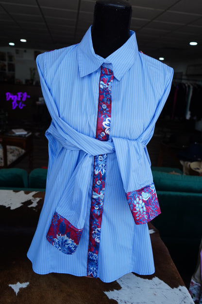 XL - Patriotic Sketched Floral on Blue & White Pinstripe Cotton Button Down