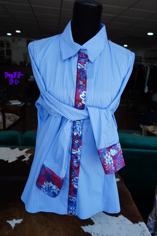 XL - Patriotic Sketched Floral on Blue & White Pinstripe Cotton Button Down