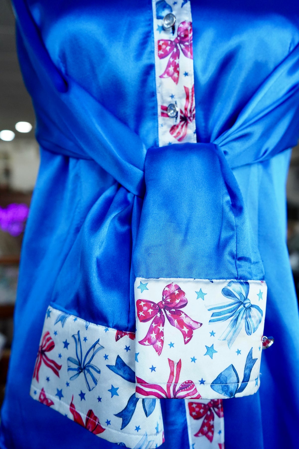L - Patriotic Bows on Blue Satin Button Down