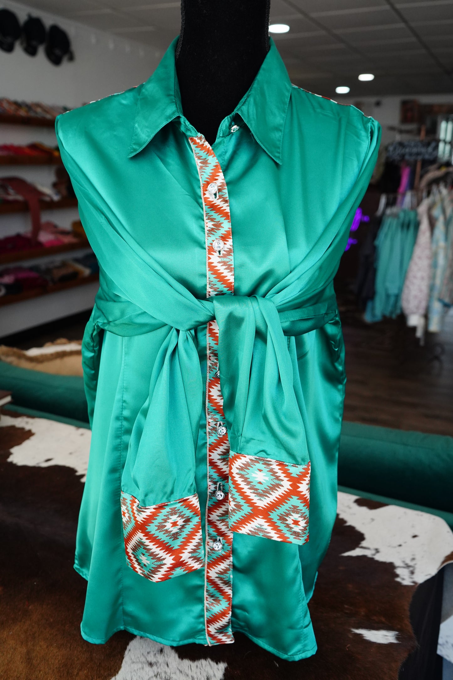 3XL - Rust Diamond Aztec on Emerald Satin Button Down