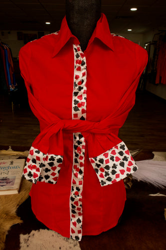 S - Card Suits on Red Cotton Button Down