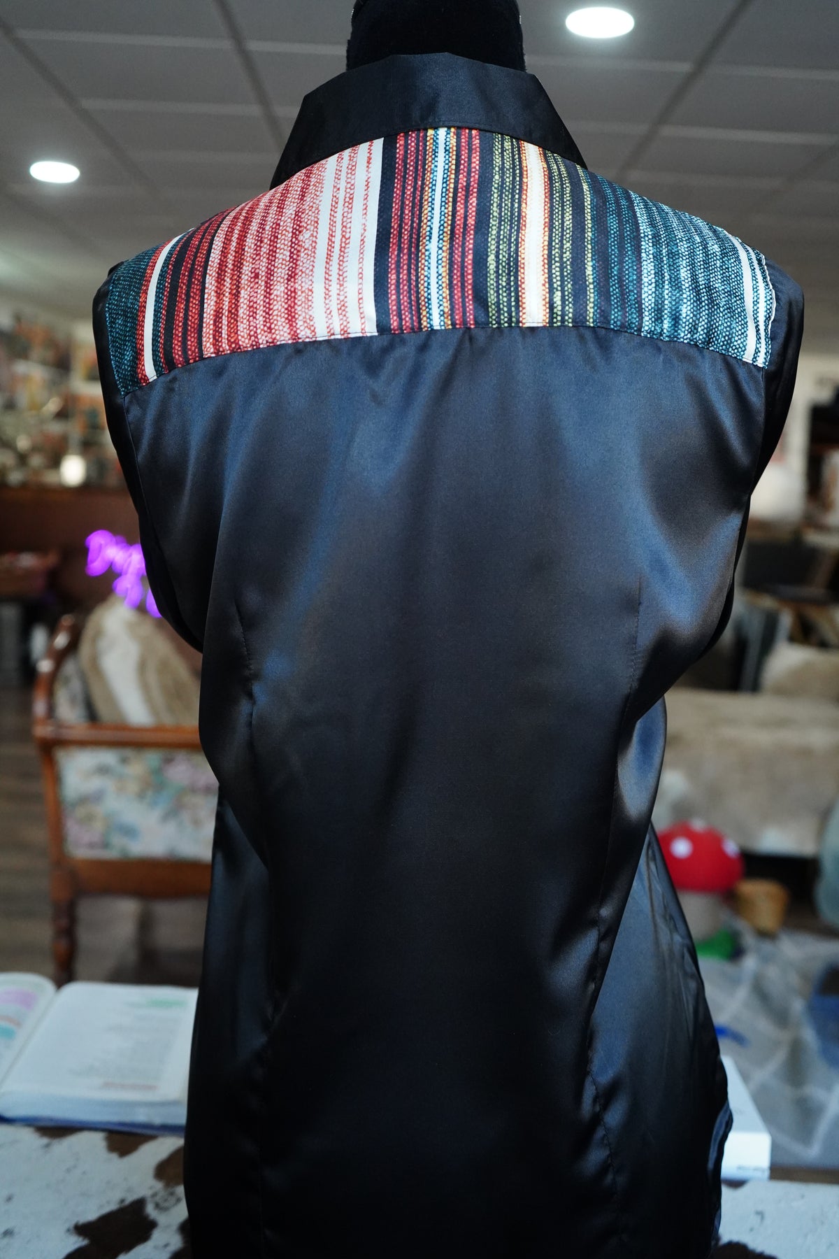 M - Autumn Stripe on Black Satin Button Down