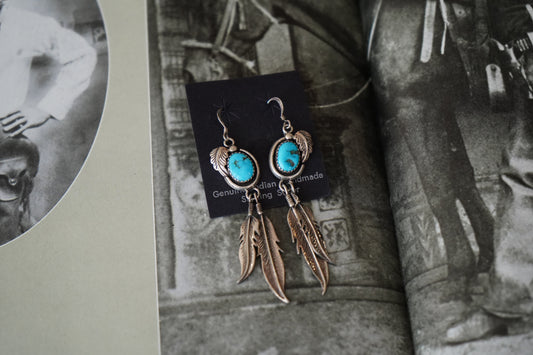 Vintage Turquoise w/ Silver Dangly Feathers Fish Hook Earrings