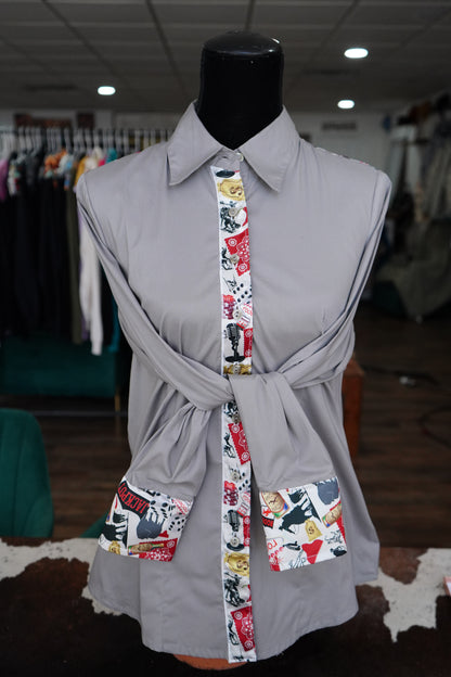 XL - Gambling Collage on Gray Cotton Button Down