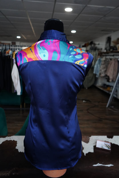S - Navy & Pink Swirl on Navy Satin Button Down