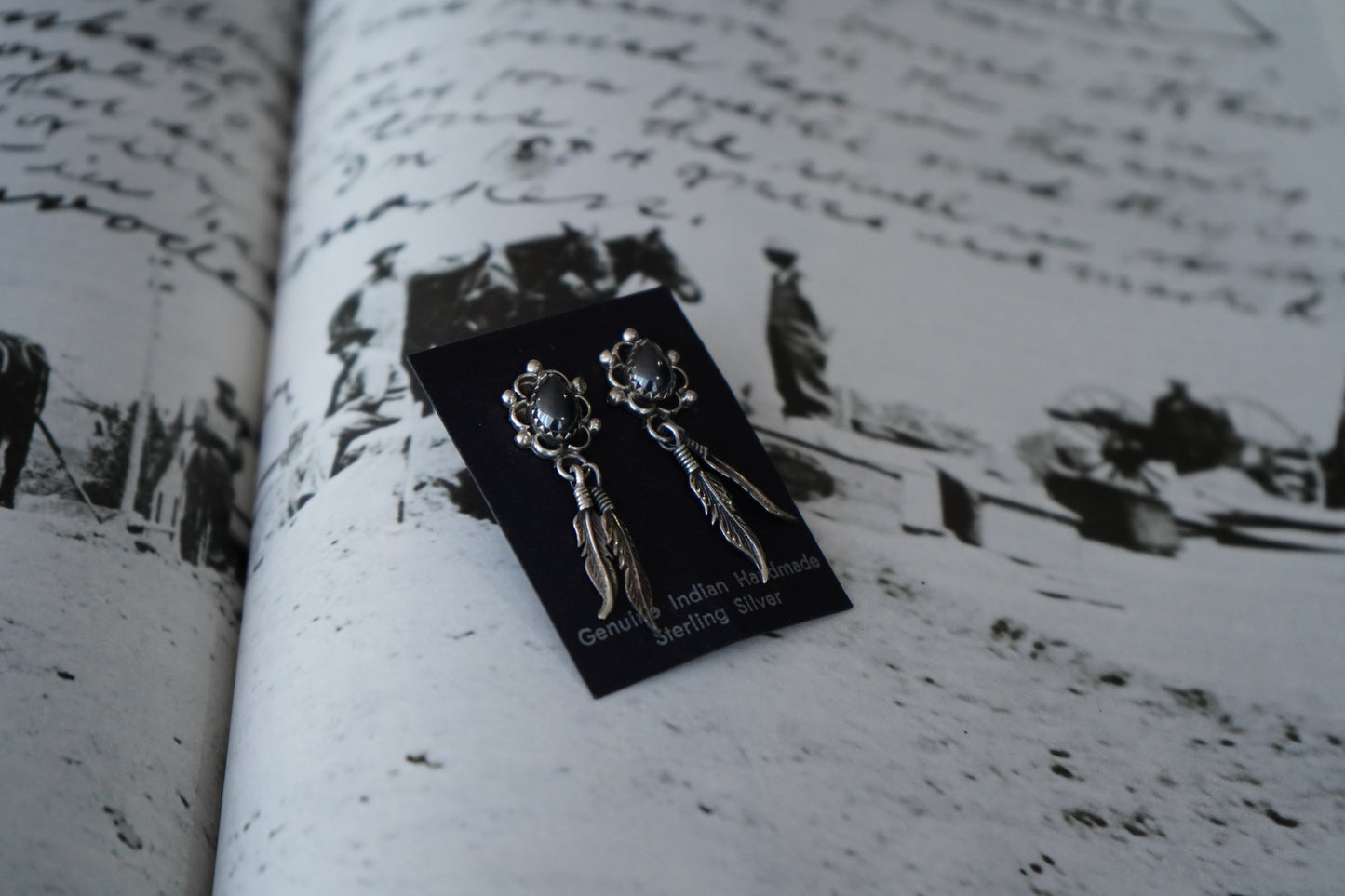 Vintage Hematite Feather Dangle Stud Earrings